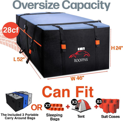 RoofPax XXL 28 cuft Car Rooftop Cargo Carrier Bag Extra Waterproof Car Roof Storage with 10 Heavy Duty Tie Down Straps and 4 Hooks Roof Bag Cargo Carrier for Top of Vehicle with/Without Rack