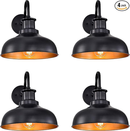 Outdoor Gooseneck Barn Lights, Farmhouse Outdoor Wall Sconces, Rustic Exterior Wall Mount Lights, Vintage Outside Lighting Fixtures, Industrial Black Gold Lanterns for Porch Garage Patio, 4 Pack