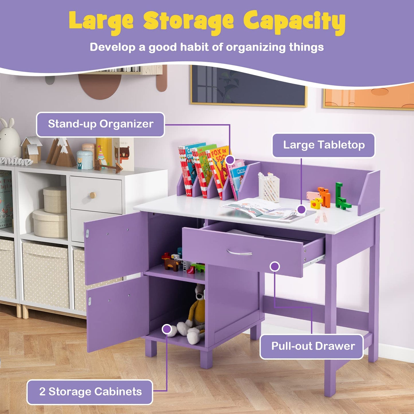 Costzon Kids Desk and Chair Set, Children Wooden School Learning Table w/Drawer & Storage Cabinets, Student Writing Computer Workstation for Bedroom & Study Room, Gift for Ages 3-8 (Purple)