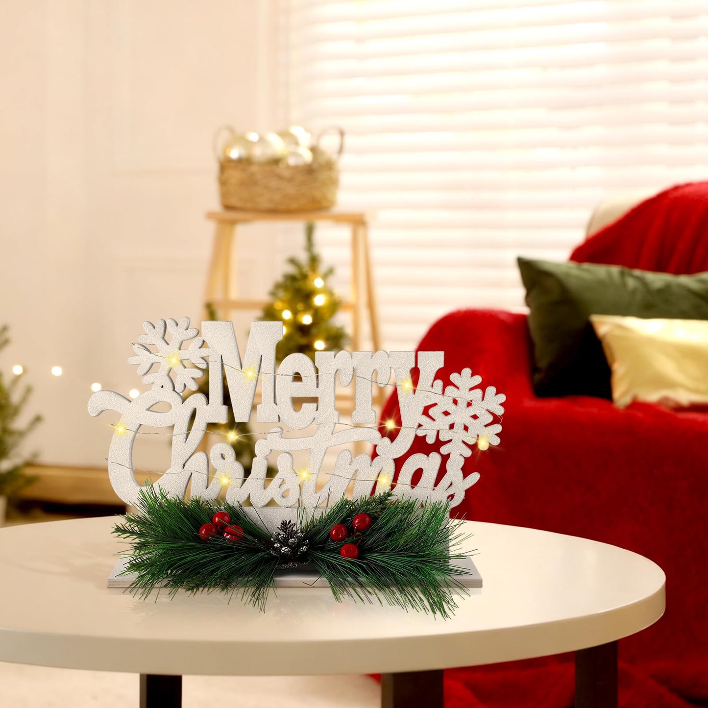 Leinuosen Merry Christmas Sign Wooden Christmas Table Sign with Holly and LED Light White Xmas Wooden Table Centerpiece for Mantel Fireplace Shelf Xmas Party Home Tabletop Decoration