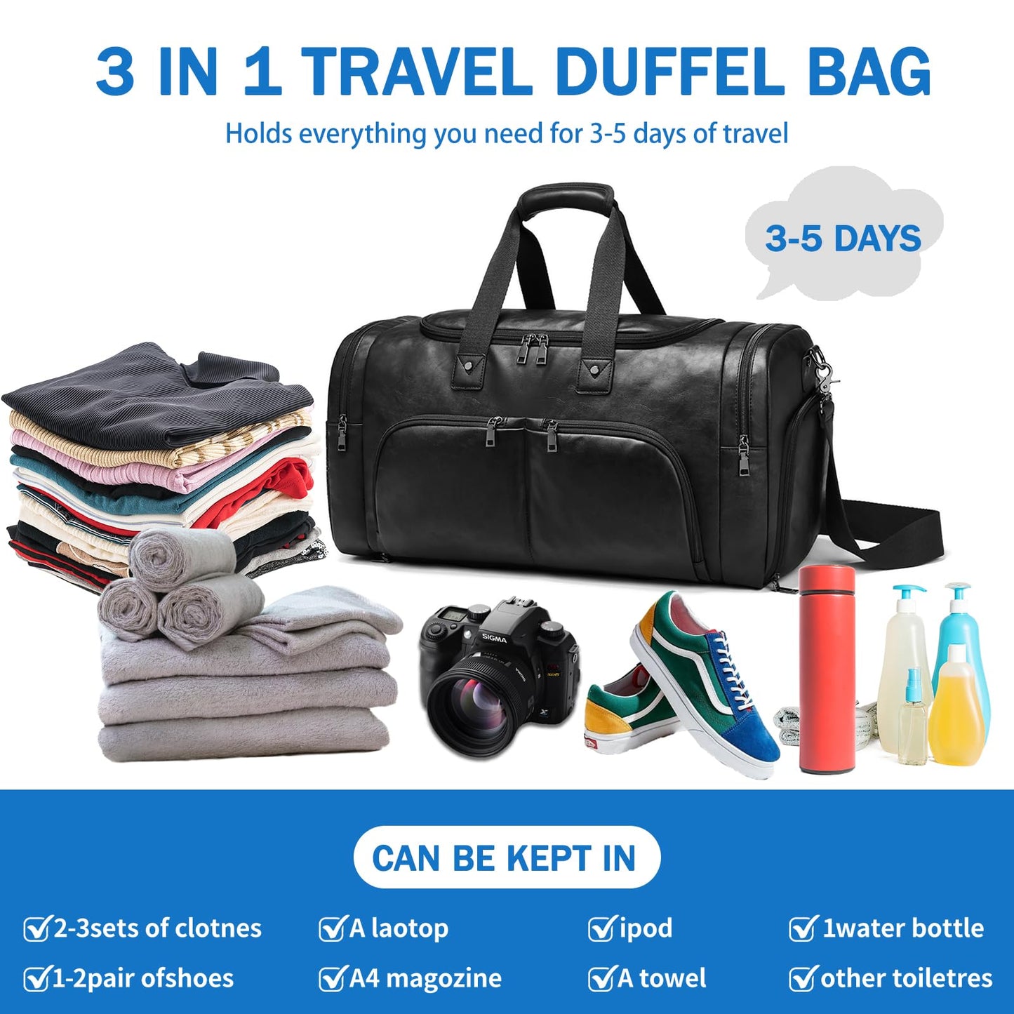 Leather Travel Duffle Bags for Men Women, Weekender Overnight Bag with Shoe Compartment Waterproof Carry on Duffle Bags for Airplanes Gym Sport Business Bag