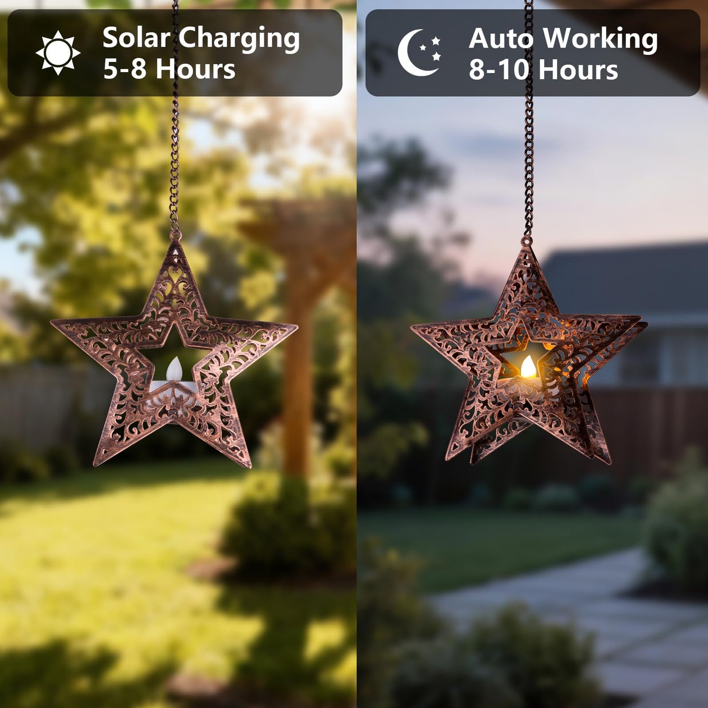 Hanging Solar Lights for Outside Trees, 4 Pack 6-Inch Hanging Star Lantern with Solar Tea Lights Outdoor Waterproof Chandelier, Patriotic Star Lights for 4th of July Decorations Porch Patio Pergolas