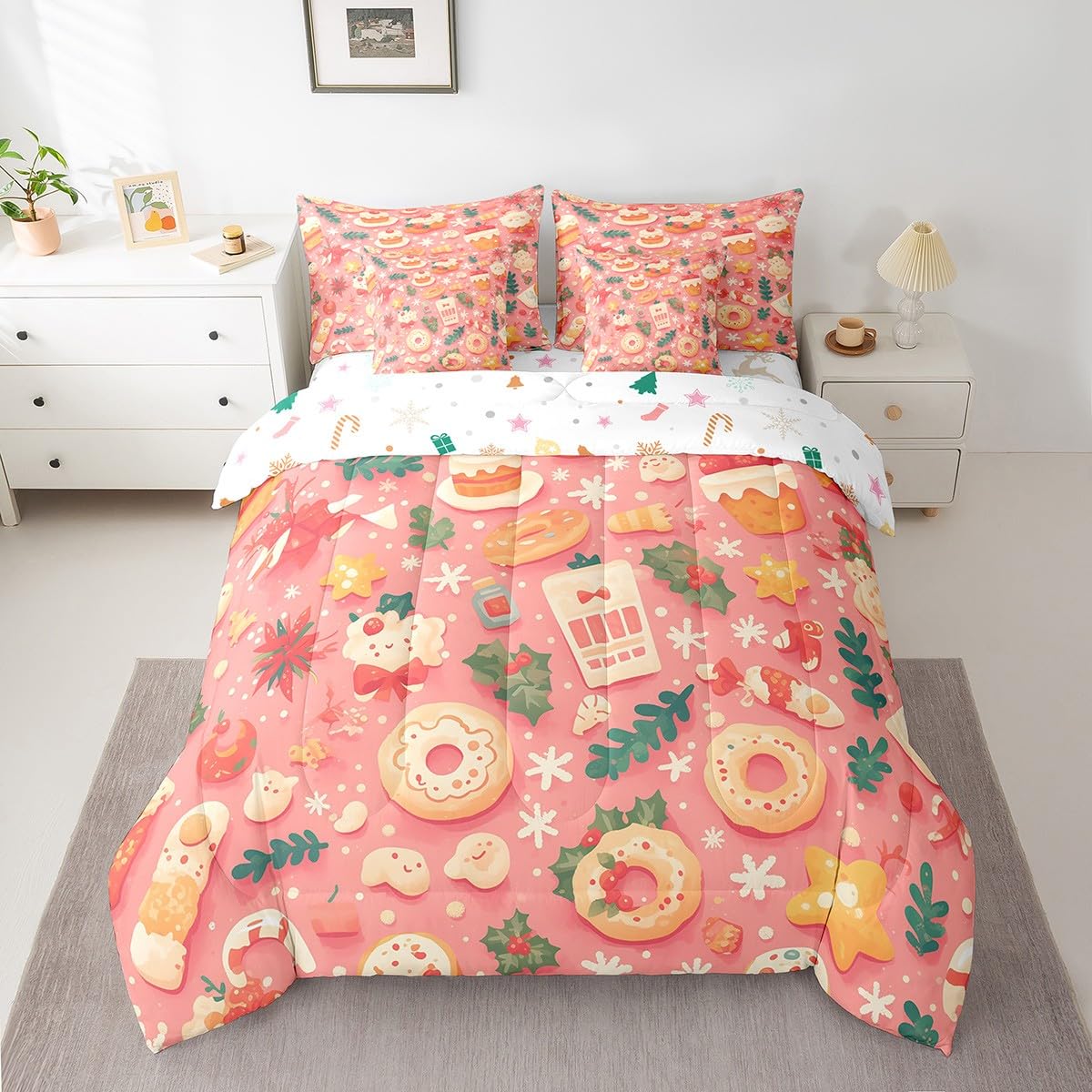 Manfei Xmas Donut 7 Pieces Comforter Set Full,Cute Cookies Desert Theme Bedding Set for Bedroom Decor,Merry Christmas（Comforter+Fitted+Flat Sheet+2 Pillowcases+2 Throw Pillow Covers）
