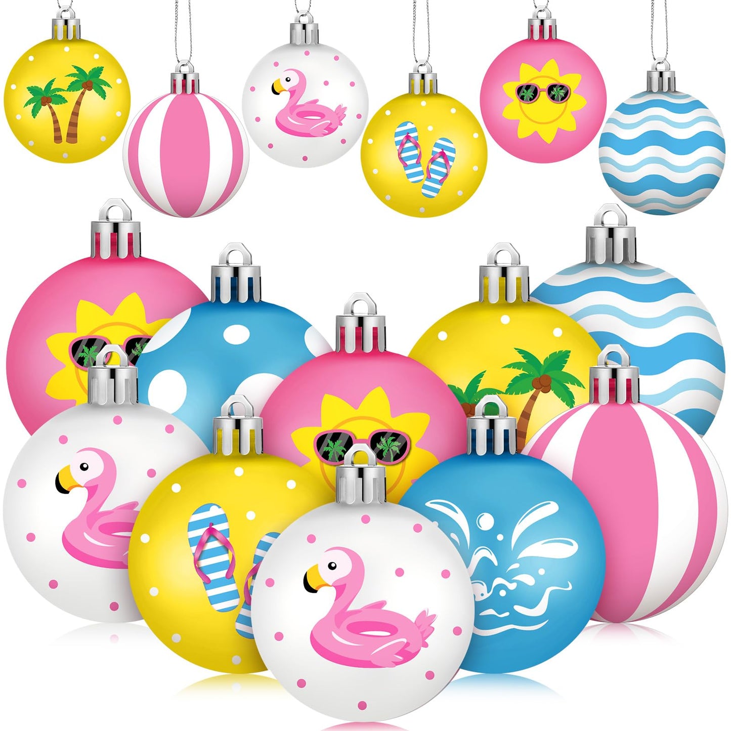 HyDren 40 Pcs Summer Tree Ornaments 1.2 Inch Mini Christmas in July Hanging Tree Decorations Coconut Dot Wave Stripe Flamingo Ornaments Tropical Party Decor for Home Luau Holiday Decorative Supplies