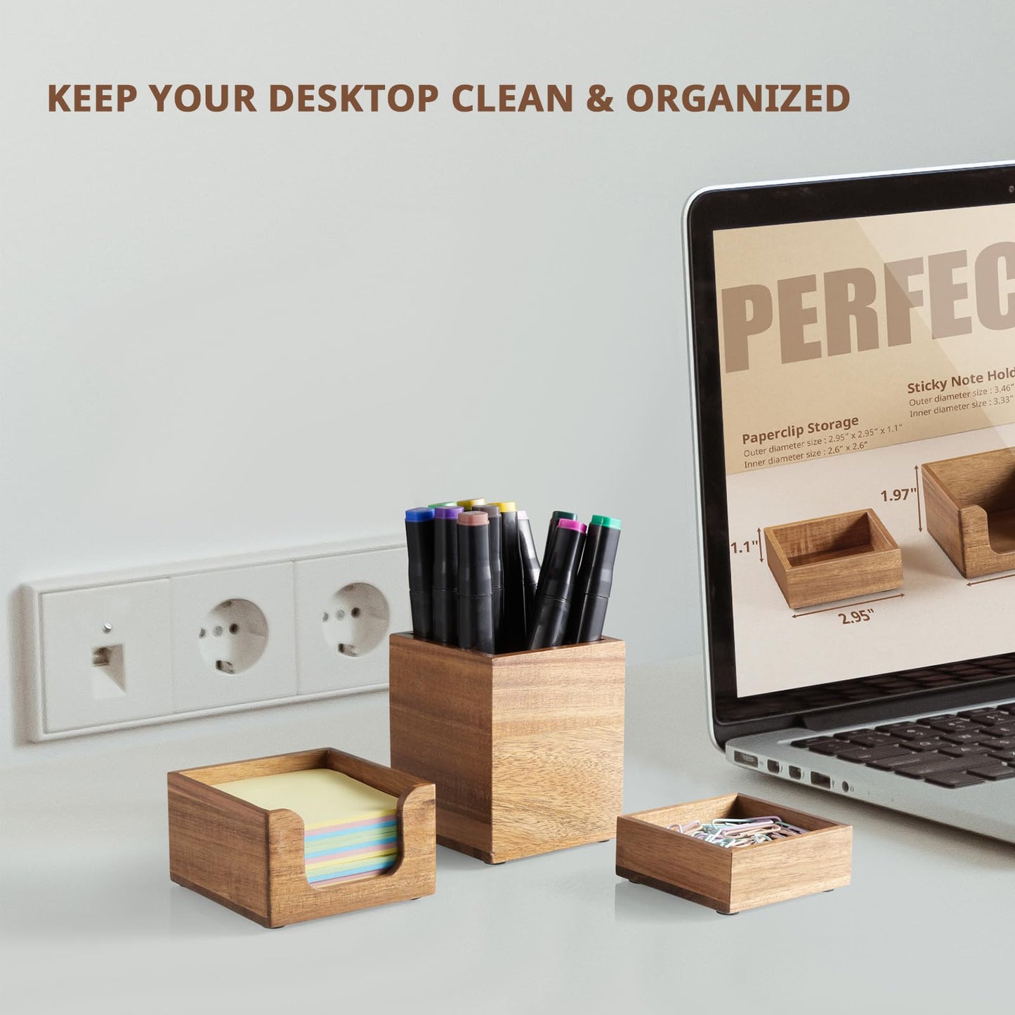 CMLKLZD Desk Organizer Set of 3 - Acacia Wood Office Desk Accessories - Desk Organizers and Accessories for Women Men - Set incl. Pencil Pen Holder, Paperclip Storage and Sticky Note Holder