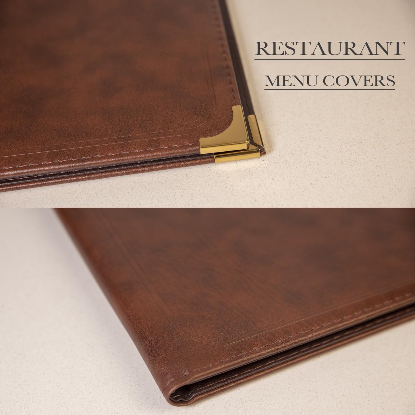 Premium Brown Faux Leather Menu Covers - Set of 2, 7-Page 14-View Restaurant Menu Holders, 8.5x11 Inch with Replaceable Sheets & Metal Corners for Cafes, Hotels