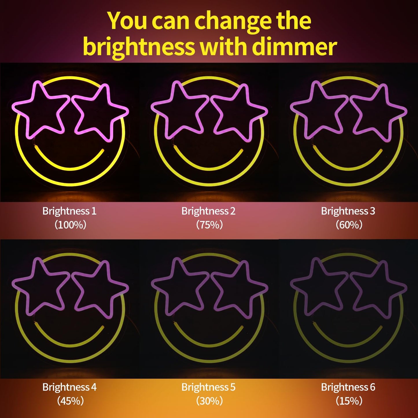 Wootfairy Led Lights Wall Decor: 12.2 * 11.41 in Dimmable Smiley Face Neon Sign for House Bedroom Game Room Classroom Bar Decoration - Yellow and Pink Light Up Signs Gifts for Wedding Birthday Party