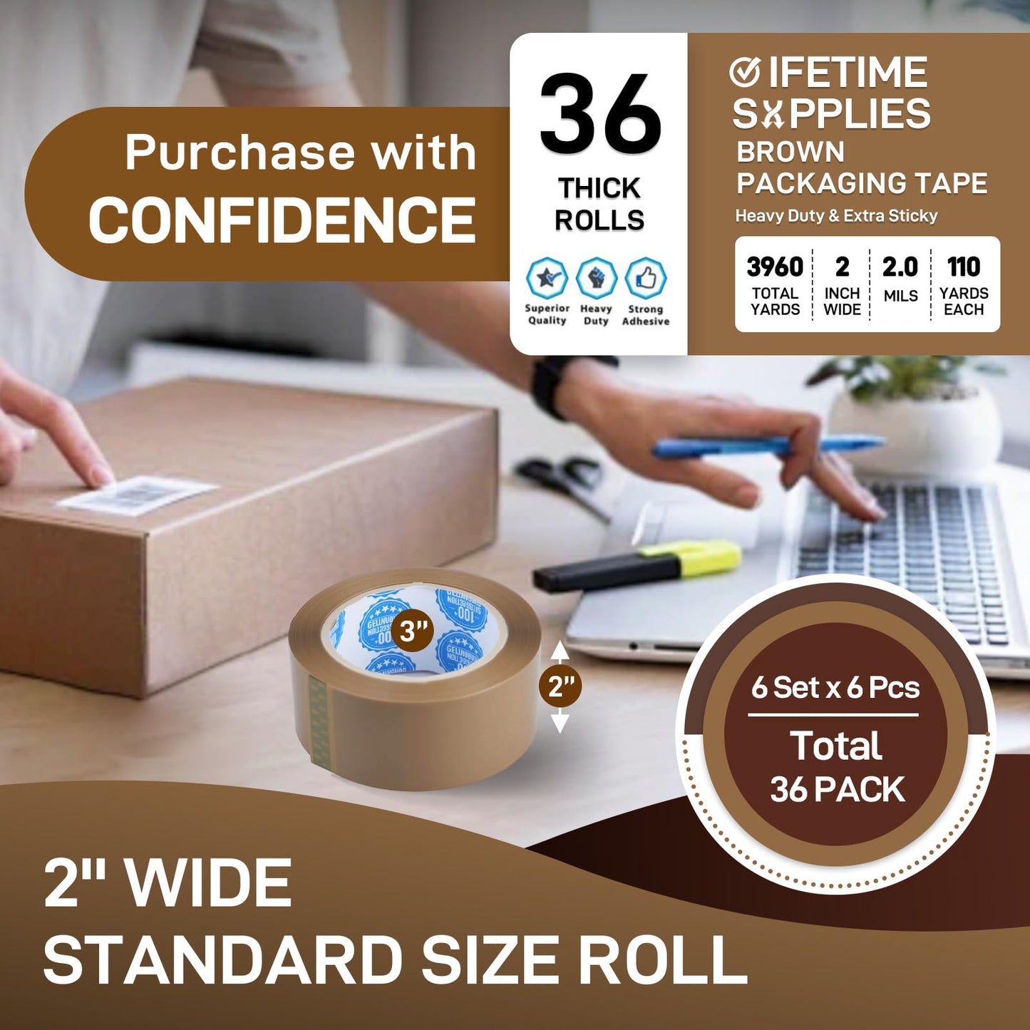 2Inch Brown Packing Tape, 2.0 Mils 110 Yards - High Tensile Strength for Shipping, Moving Boxes Sealing & Packaging, Superior Hold and Tear Resistance