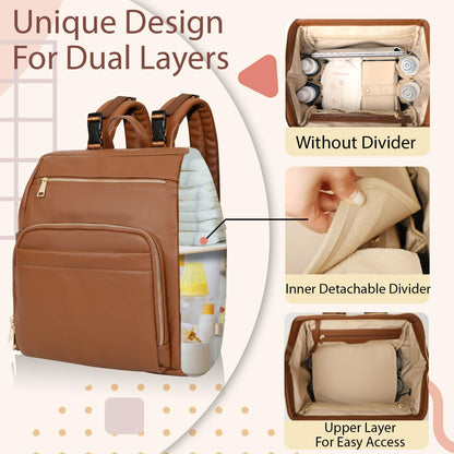 Omanmoli Diaper Bag Backpack Leather Large Baby Diaper Bag Essentials With 18 Organizing Pockets,6 Insulated Pockets,USB Charging Port,Stroller Straps,Changing Pad (Brown)