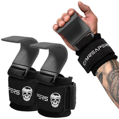 Gymreapers Weight Lifting Hooks (Pair), Heavy Duty Power Wrist Straps Hand Grip Support For Deadlifts, Pull Ups, Shrugs - Gym Gloves For Men and Women