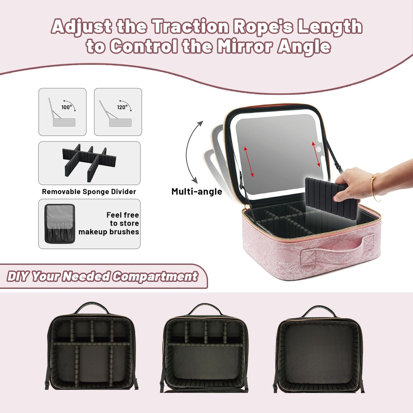 PRALENA Travel Makeup Bag with LED Mirror – 3 Brightness Modes, Portable Lighted Makeup Case with Adjustable Dividers, Cosmetic Organizer Gift for Women (Pink)