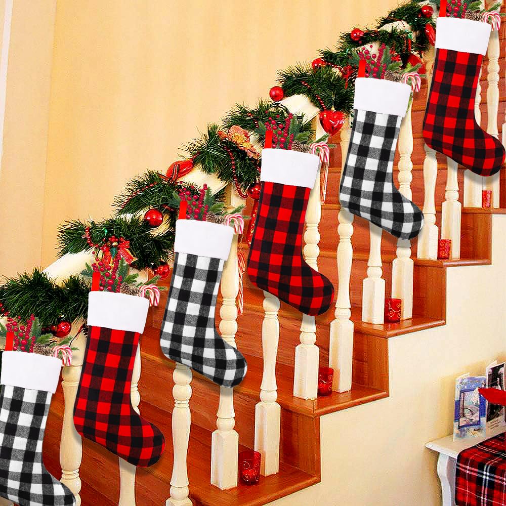 YUJUN 6 Pack 22 Inches Christmas Stockings, Xmas Large Black Red Buffalo Plaid Hanging Stockings Decorations for Christmas Tree Fireplace Family Holiday Party Decor (Red&White)