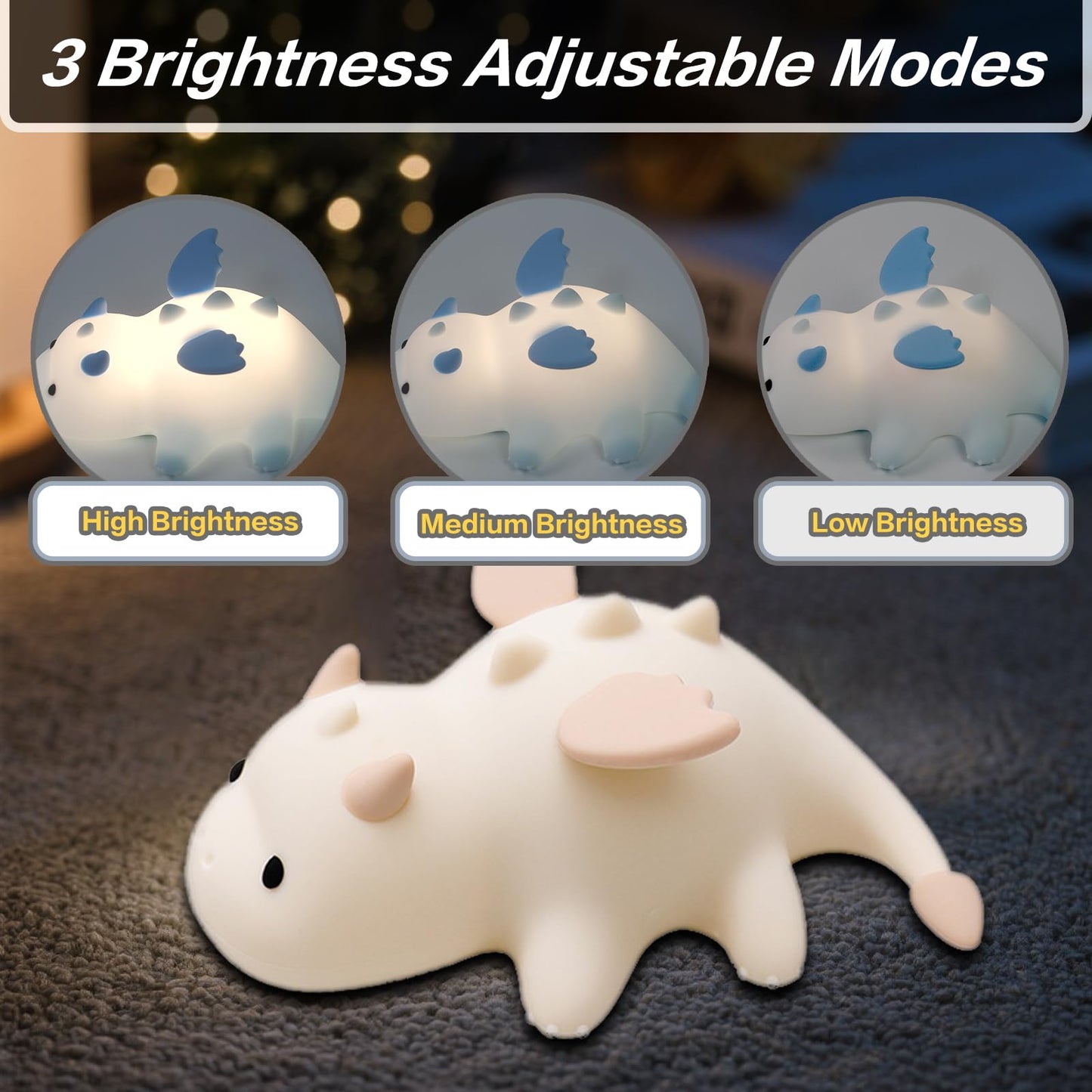 Yesinaly Cute Silicone Night Light for Kids - Touch Control LED Nursery Lamp for Baby Toddler Bedroom, Portable Battery Powered Nightlight for Nursery Nightstand - Dragon Design, Cream