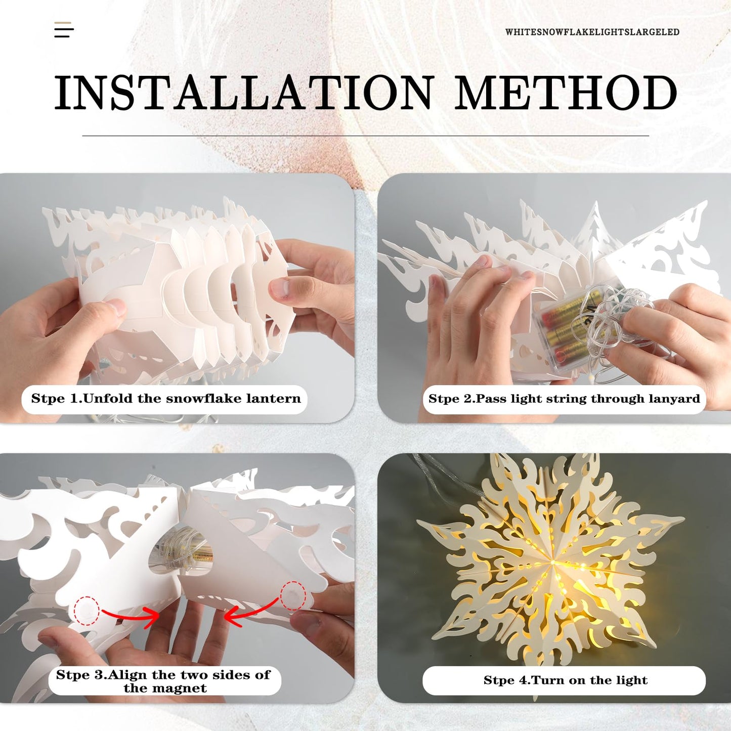 5Pcs Christmas Paper Snowflake Lanterns, Large Christmas Paper Star Lanterns with Lights & Banner White Hanging Snowflake Lamps for Xmas Winter Frozen Weddings Birthday Holiday Party Decorations