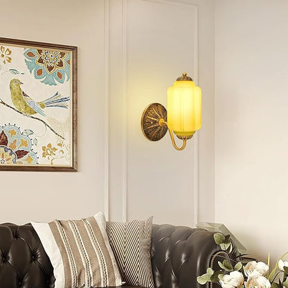 Vintage Mike Green Glass Wall Sconce - Milk Glass Shade Antique Brass Indoor Wall Light for Bedroom, Living Room, and Hallway
