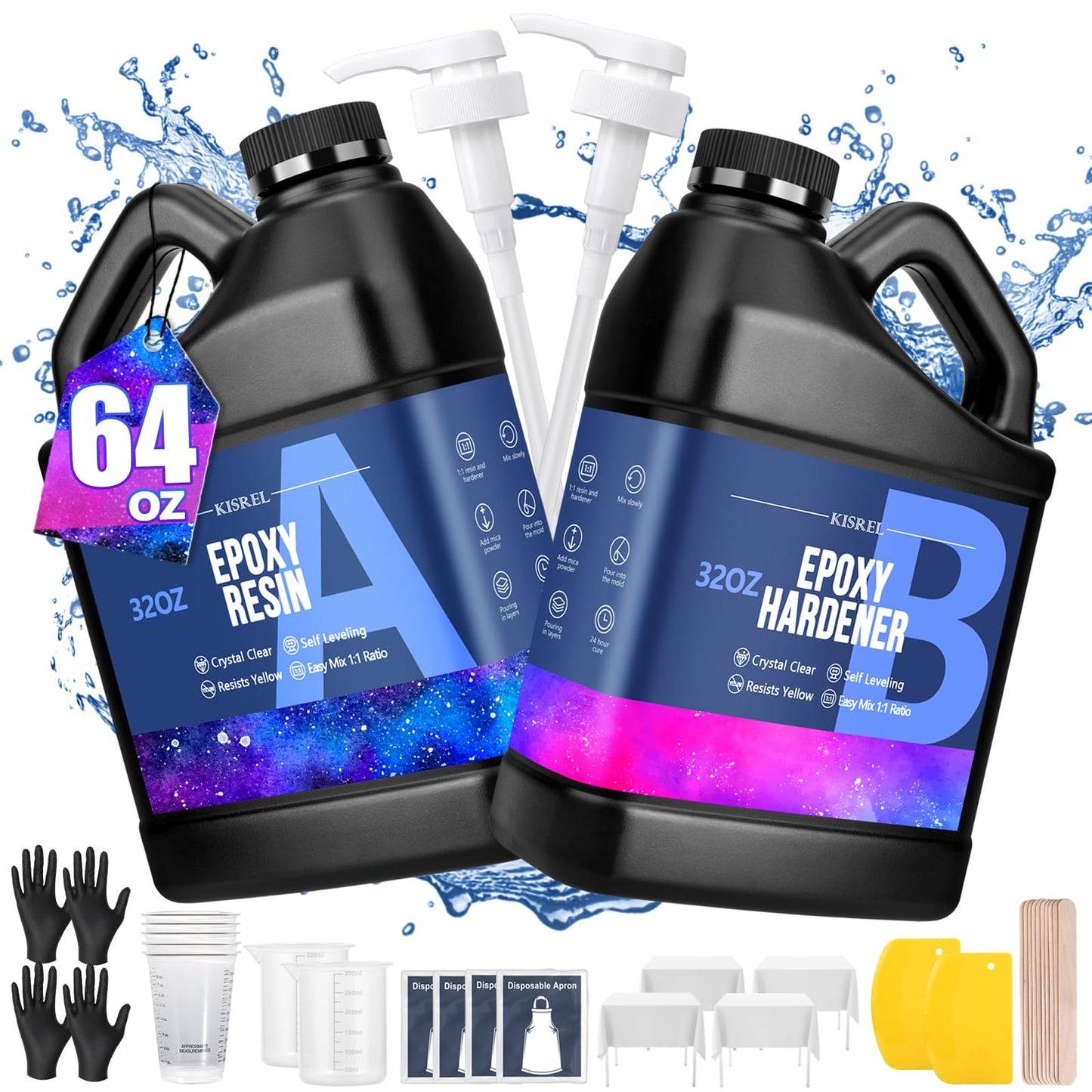Epoxy Resin 64OZ - Crystal Clear Epoxy Resin Kit - No Yellowing No Bubble Art Resina Casting Resins for Art Crafts, Jewelry Making, Wood & Molds(32OZ x 2)