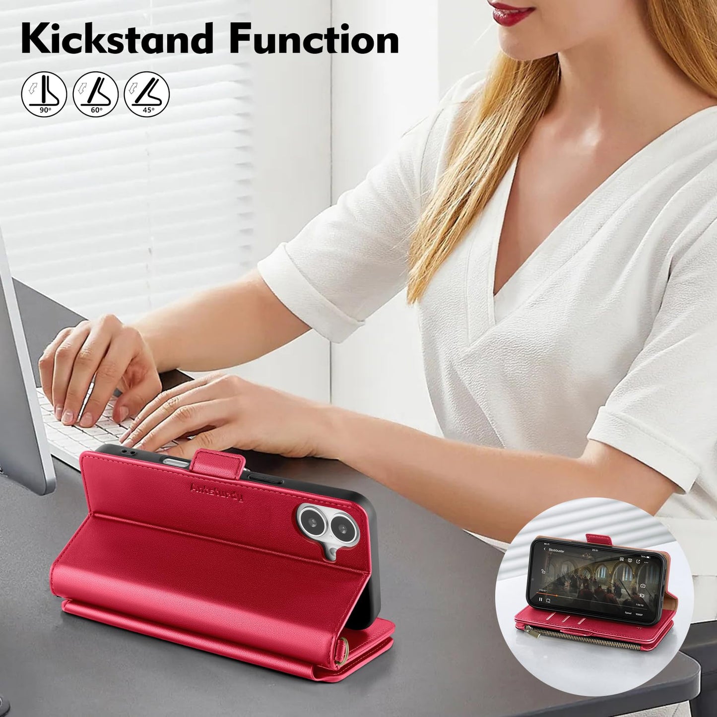 Antsturdy Compatible with iPhone 17 Wallet Case Women,RFID Blocking PU Leather Phone Case Men Kickstand Flip Folio Cover Wrist Strap Zipper Credit Card Holder Slots for Apple 17 6.3",Red