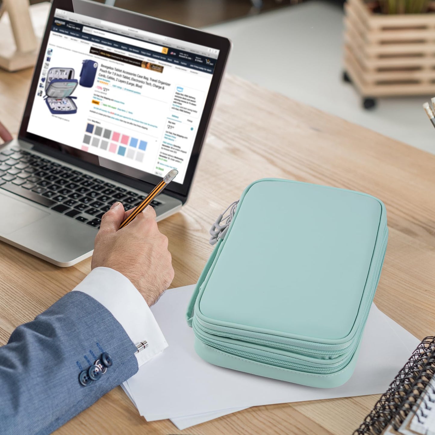 Bevegekos Tablet Accessories Case Bag, Travel Large Electronics Organizer for Chargers & Cords, Cables, 7.9 Inch Tablet, Airplane Essentials, 2 Layers (Mint Green)