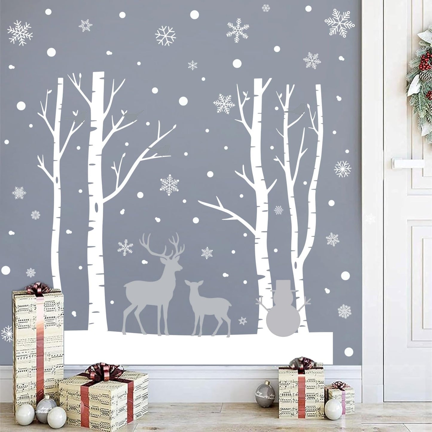 Kasubeso Merry Christmas Wall Decals, Black Santa Reindeer and Snowflake Window Clings, Removable Vinyl Wall Stickers for Holiday Party Bedroom Living Room Offices Home Decoration