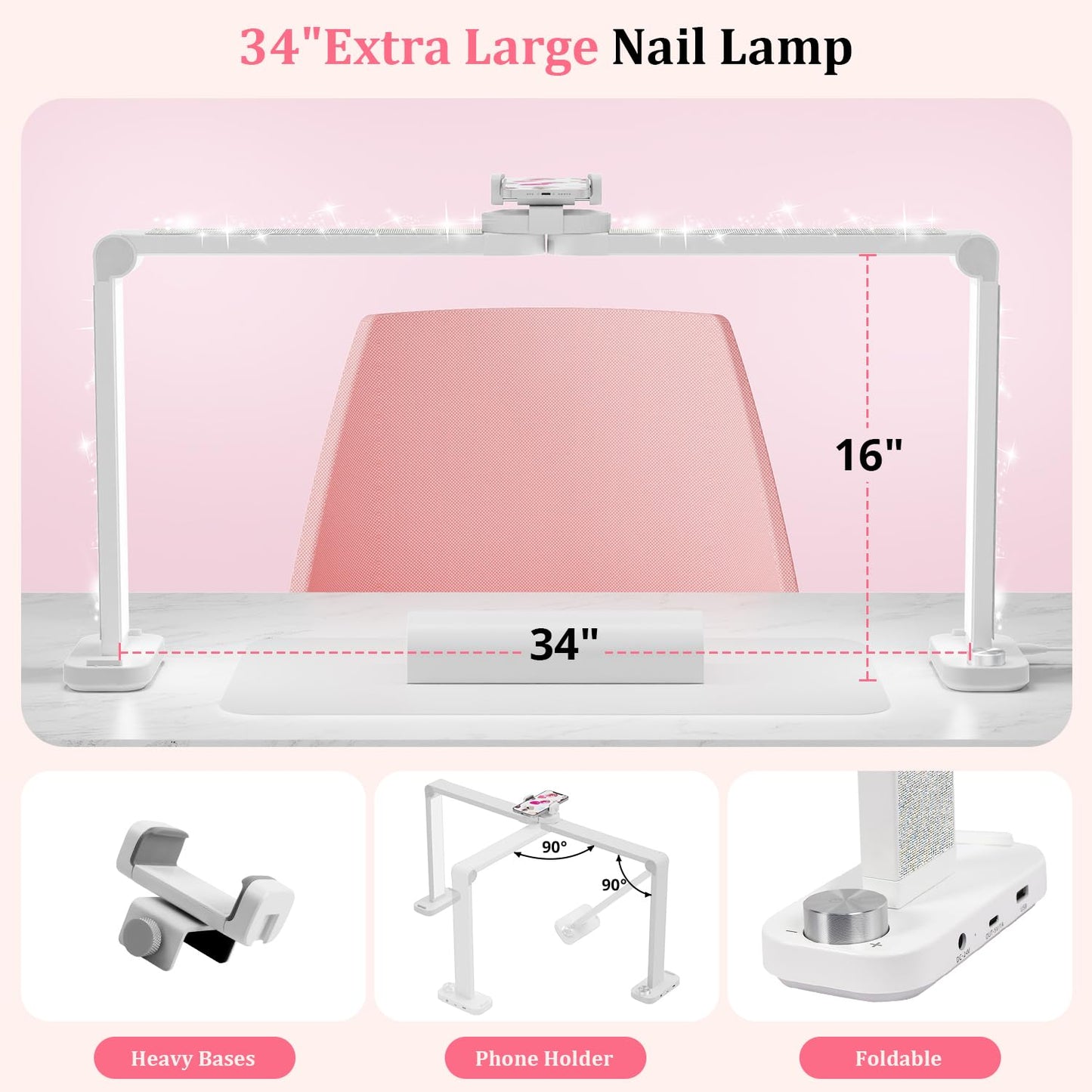 iVict Nail Desk Lamp, 34" Nails Tech Light with Phone Stand, 0-100% Adjustable Brightness, 3000K-6000K Color Temperature Led Desk lamp for Nail, Tattoos, Eyebrows, Beauty(Diamond, Large)
