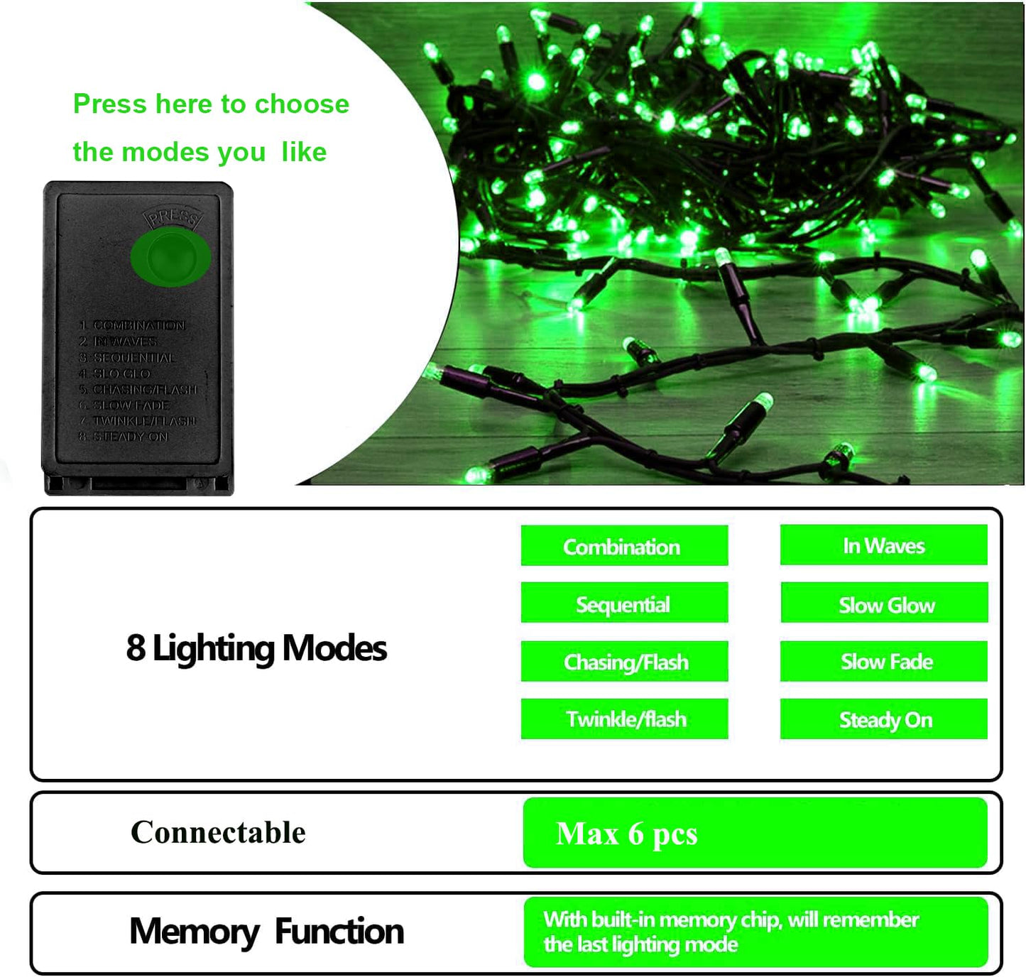 Green St. Patrick's Day Fairy Lights Decorations, 33ft Super Bright 100 LED Connectable String with 8 Modes for Indoor Outdoor Patio, Yard, Balcony, Christmas & Party Décor (Black Wire – Green)