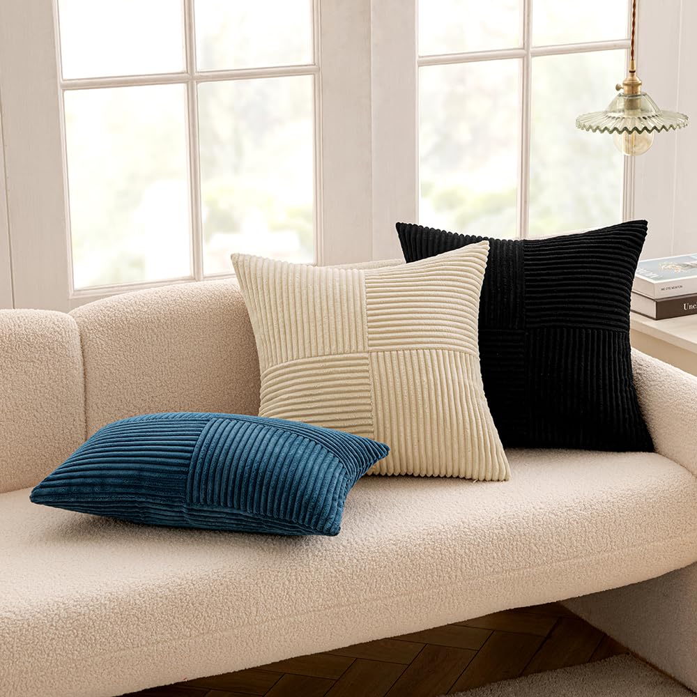 MIULEE Black Corduroy Pillow Covers Pack of 2 Boho Decorative Spliced Throw Pillow Covers Soft Solid Couch Pillowcases Cross Patchwork Textured Cushion Covers for Living Room Bed Sofa 18x18 inch