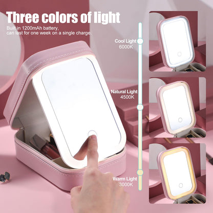 BS-MALL Travel Cosmetic Mirror Case LED Makeup Mirror Storage Case for Eyelash station Brushes Cosmetic Tools Pink On-the-go Makeup Needs (White)