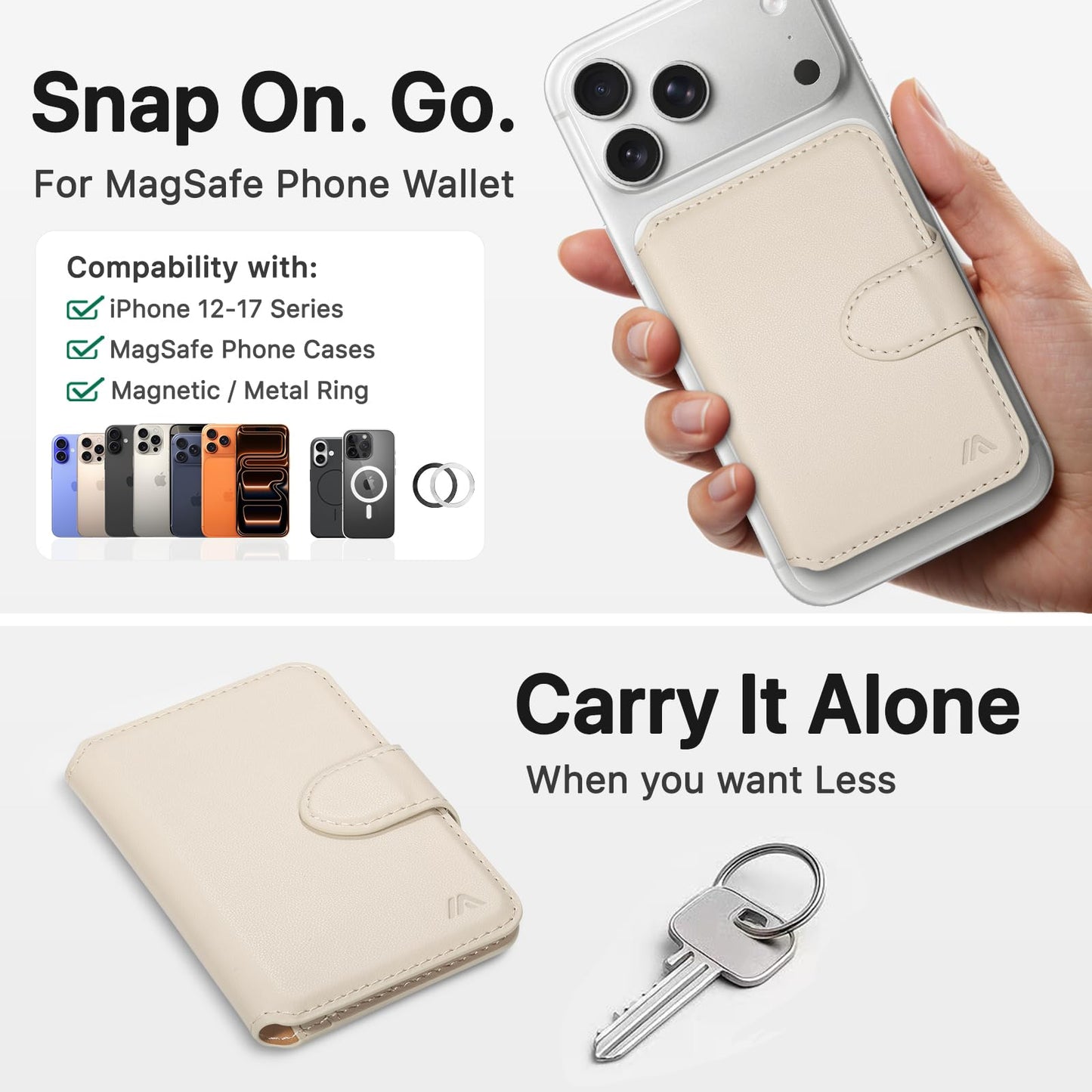 MEFON for MagSafe Wallet, Magnetic Phone Wallet RFID Blocking, Slim 5-8 Card Holder with Cash Slot & Clear ID Window, Minimalist Mag Safe Wallets for iPhone 17/16/15/14/13/12 Series, Oatmeal Beige