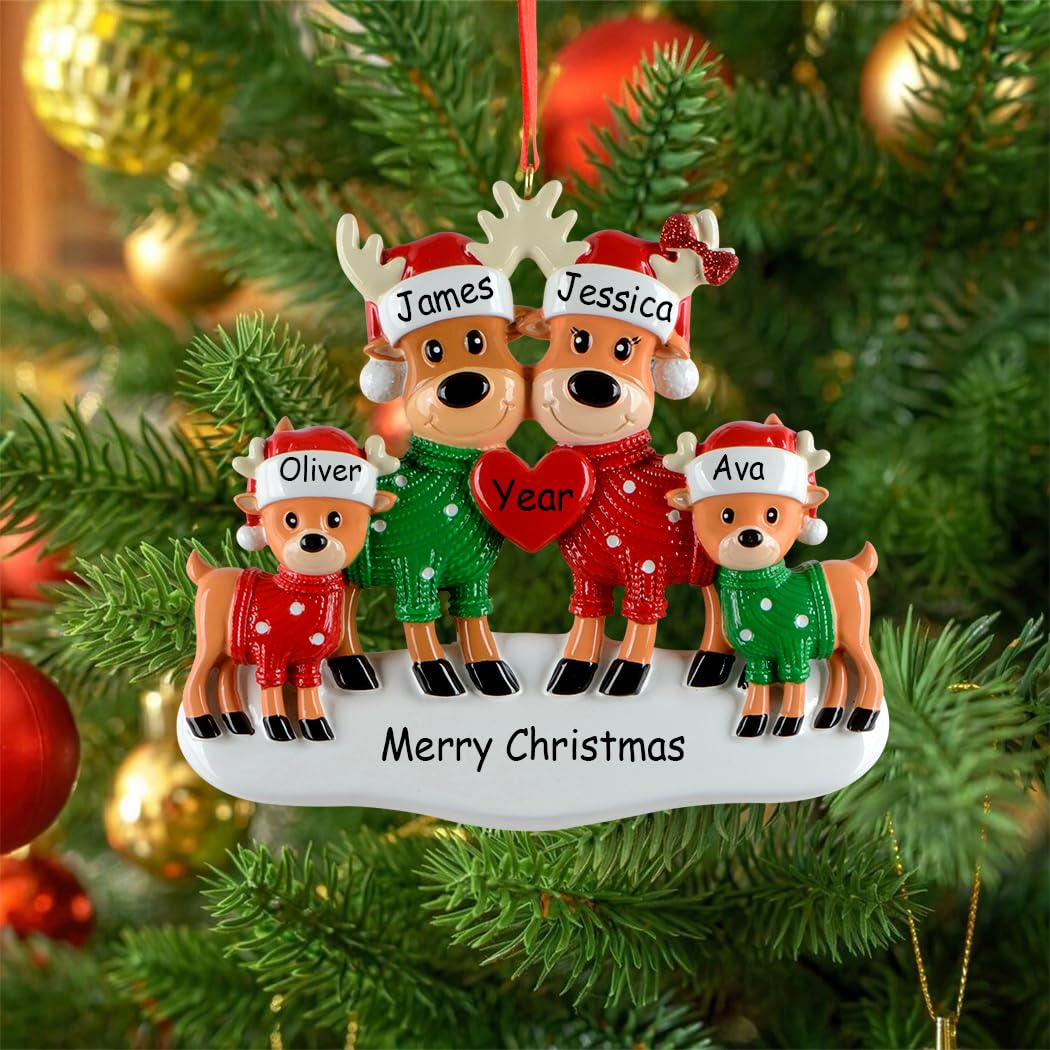 Personalized Sweater Reindeer Family of 4 Christmas Ornament - Christmas Tree Decoration