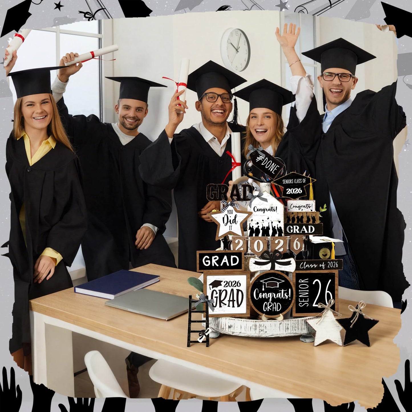 Vercraft 18 Pcs Graduation Tiered Tray Decorations Class of 2026 Tiered Tray Decor Black White Grad Wooden Signs Farmhouse Table Shelf Decoration for Graduation Party Supplies(Black White)