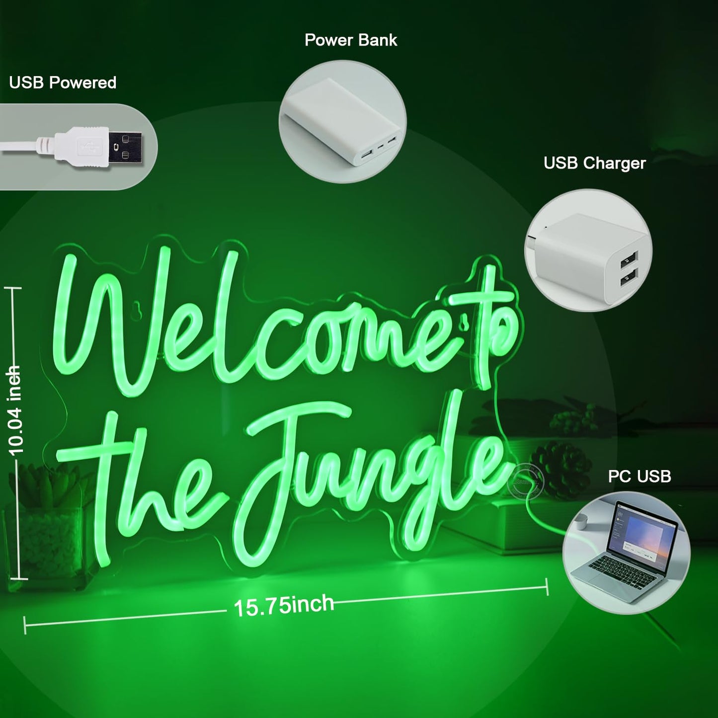 Britrio Welcome to the Jungle Neon Light Sign for Safari Jungle Themed Party Baby Shower Kids Birthday Gift Bedroom Bar Club LED Neon Wall Decor 5V USB Powered with Switch 15.75 Inch Green