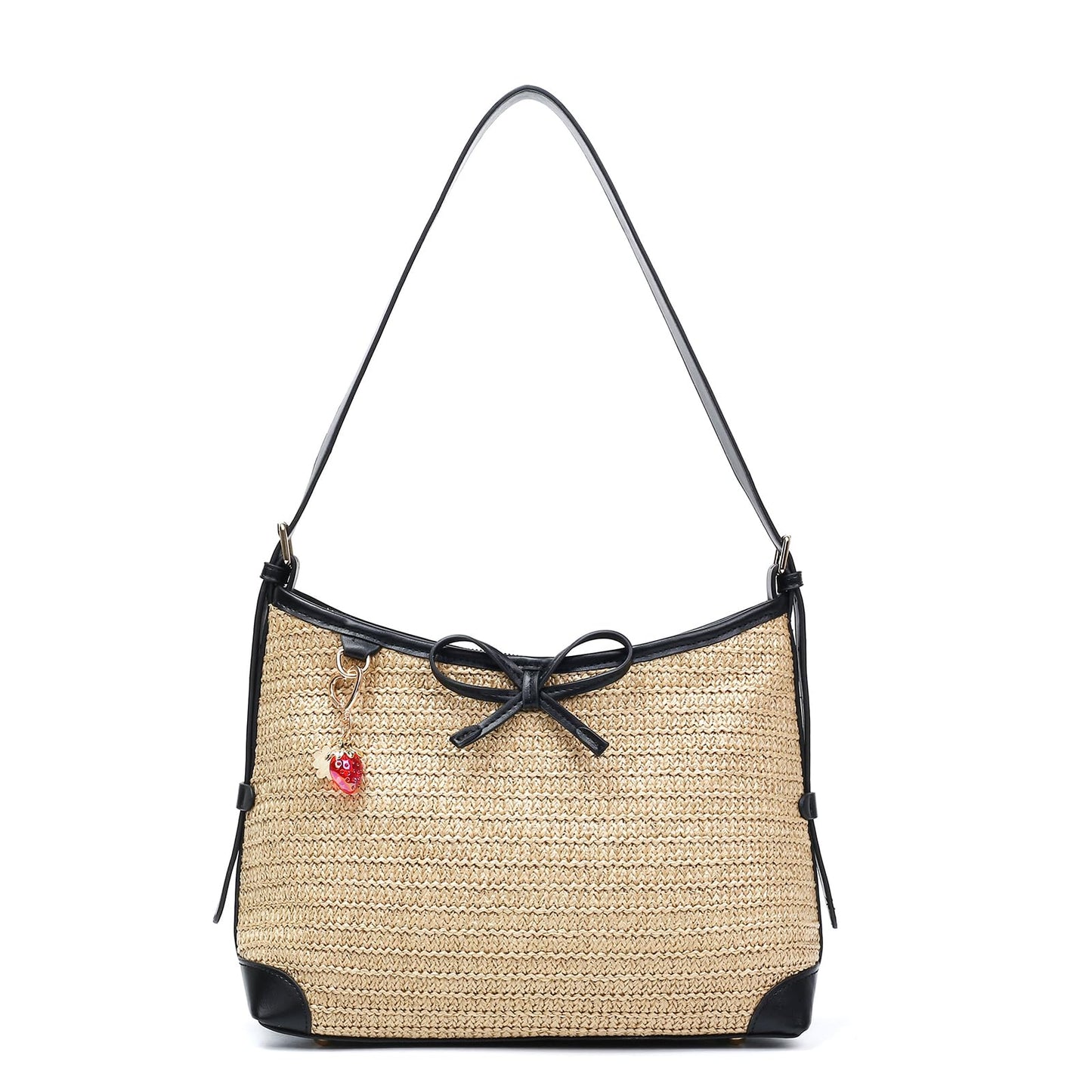 Herald Straw Woven Purse for Women, Summer Beach Hobo Raffia Crossbody Bag Shoulder Handbag Tote with Adjustable Strap (Black)