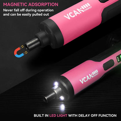 VCANENERGY 4V Pink Electric Screwdriver,2000mAh USB Rechargeable Battery,Cordless Power Screwdriver with LED Light,Adjustable Torque,38 in 1,Suitable for small projects