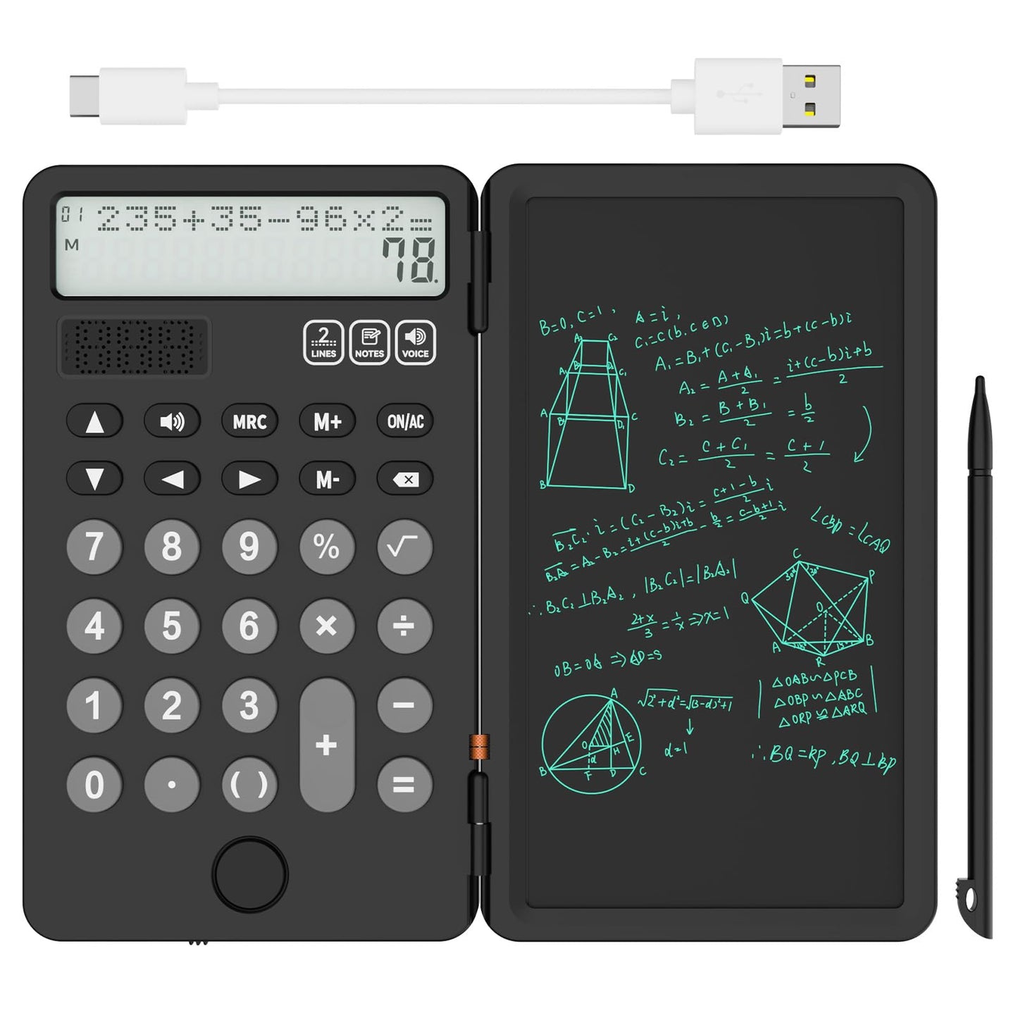 NEWYES Portable Calculator with Notepad, 2-Line 12-Digits Large Display, Rechargeable Solar Power Desk Calculator for Office School Students (Black)