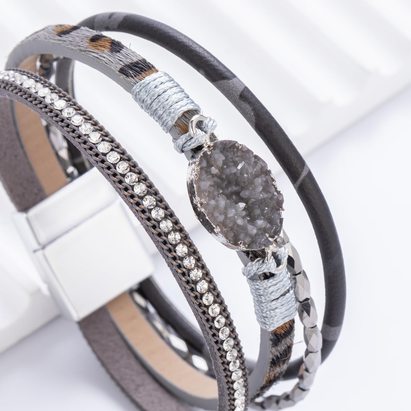 FANCY SHINY Boho Leather Wrap Bracelet Stackable Chunky Crystal Cuff Bracelets with Magnetic Clasp Cowboy Cowgirl Western Summer Beach Outfits Jewelry Gifts for Women (7.7", Grey Leopard)