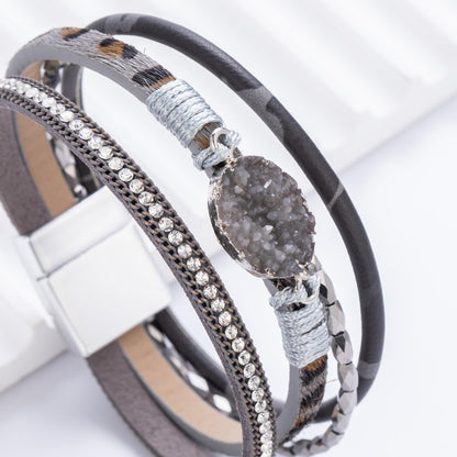 FANCY SHINY Boho Leather Wrap Bracelet Stackable Chunky Crystal Cuff Bracelets with Magnetic Clasp Cowboy Cowgirl Western Summer Beach Outfits Jewelry Gifts for Women (7.7", Grey Leopard)