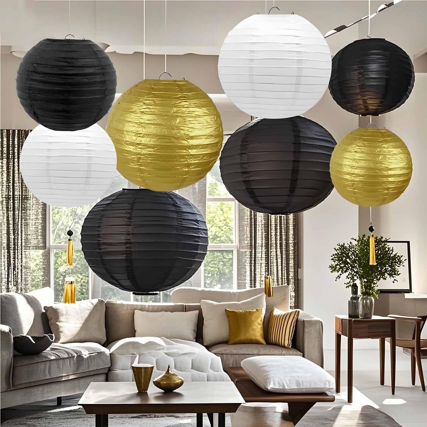 KUNYYI Black-Gold and White Paper Lanterns 12Pcs Hanging Lanterns for Birthday Party, Wedding, Home Decor, Baby Shower Festive Decoration