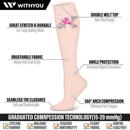 WITHYOU 3 Pairs Compression Socks for Women & Men 15-20 mmHg,Best Support for Nurses Running Hiking