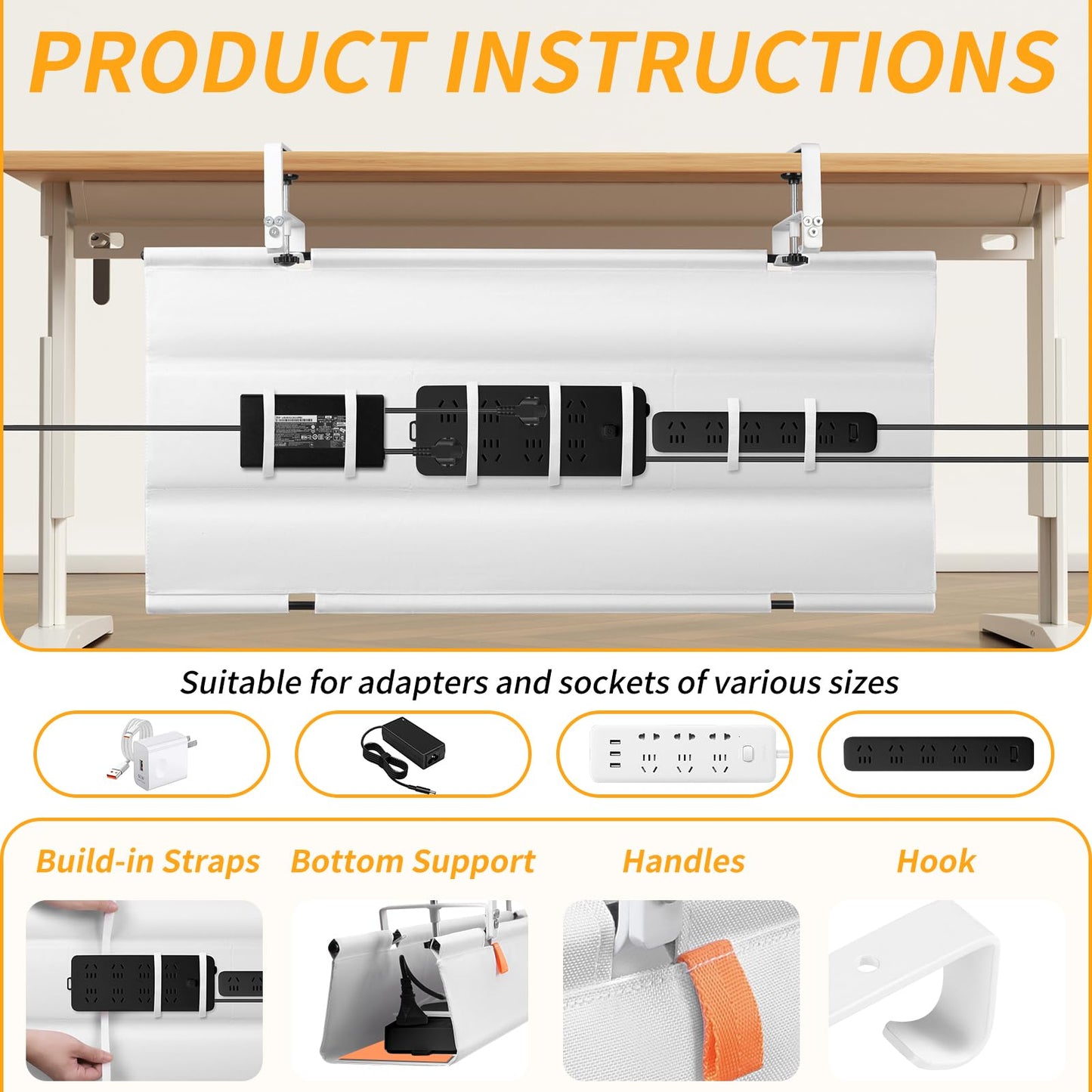 SUREUP9 Under Desk Cable Management Tray with Clamp, No Drill 36" Cord Organizer for Desk, Desk Cable Management Fabric Tray for Standing Desks, Ideal for Home & Office - White