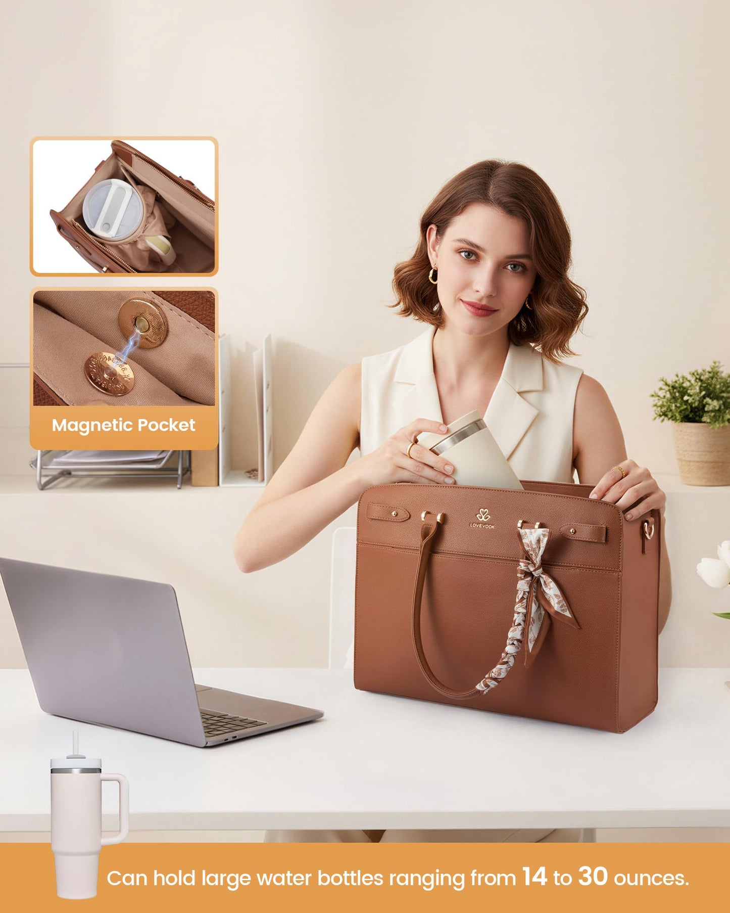LOVEVOOK Laptop Tote Bag for Women, 17.3 Inch PU Leather Work Bag Waterproof Computer Briefcase Handbag for Teacher Business Office with Silk Scarf, Deep Brown-1