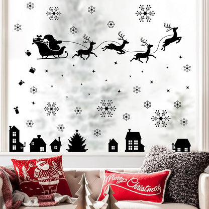 Merry Christmas Wall Decal Black Santa Reindeer Snowflake Window Clings Wall Stickers Removable Xmas Vinyl Wall Decor for Holiday Party Bedroom Office Living Room Home Decoration