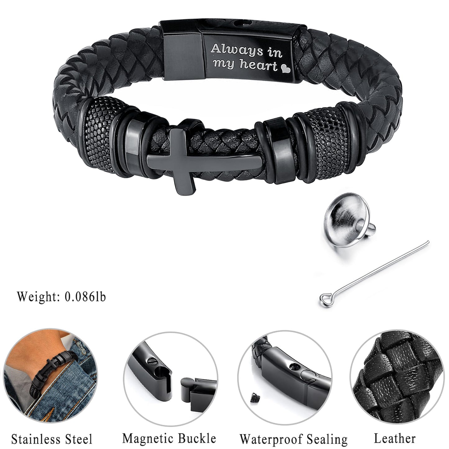 YOUFENG Urn Bracelet for Human Ashes Leather Cremation Cross Bracelet Stainless Steel Keepsake Cuff Bangle Jewelry for Men