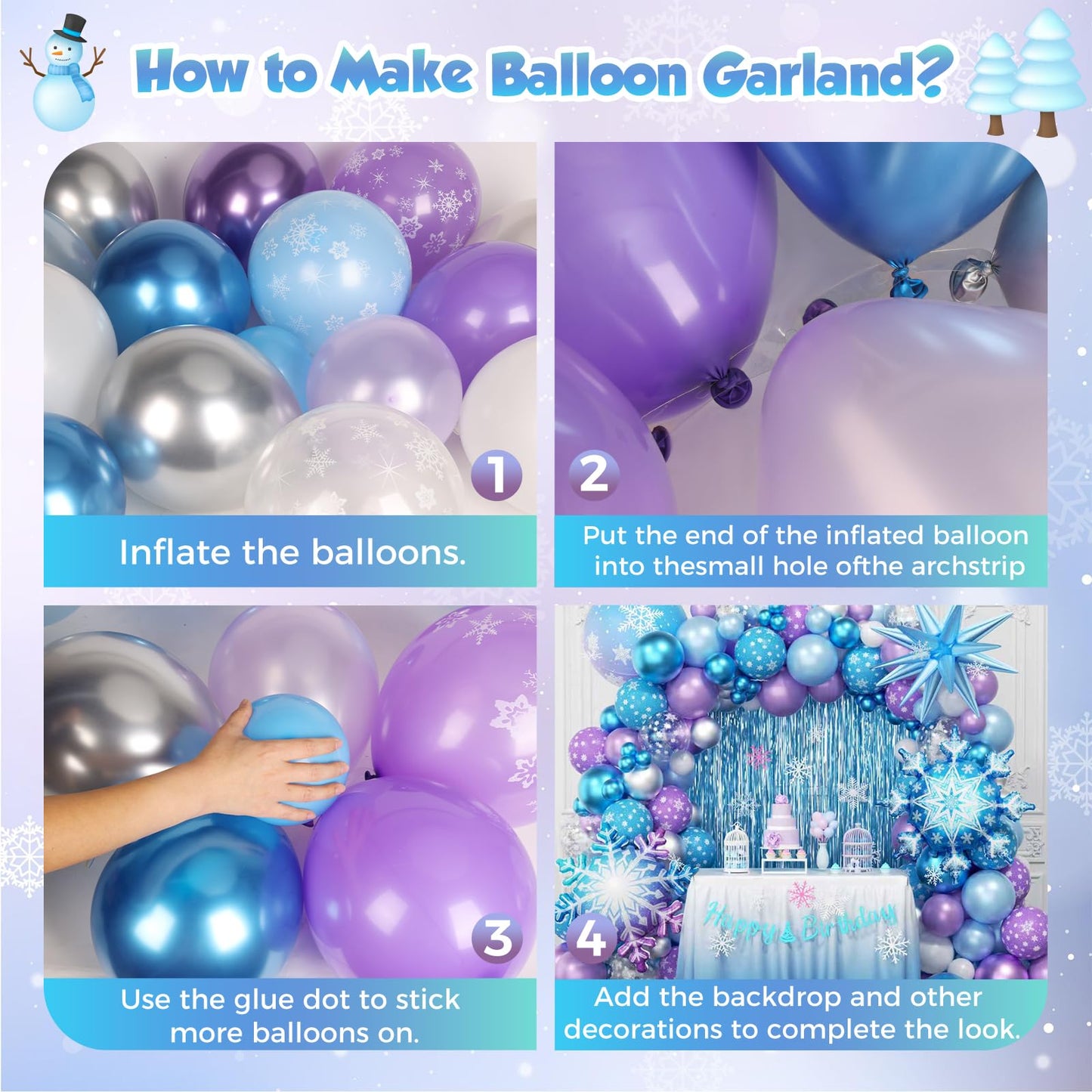 PTGOLUO Frozen Balloon Arch Garland Kit 220pcs, Blue Purple White Balloons with Fringe Curtain Snowflake Balloons Birthday Banner for Winter Wonderland Baby Shower Snow Princess Birthday Party Decor