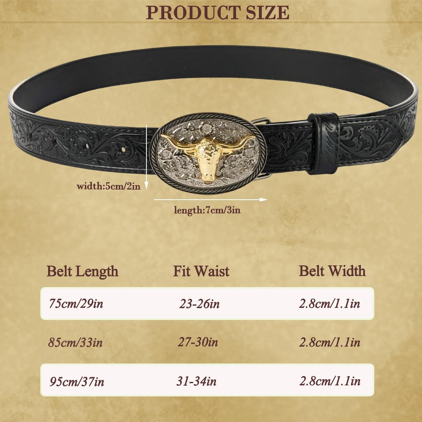 FORTMAC Western Belt–Adjustable Embossed Leather Belt with Longhorn Bull Buckle Black 85cm/33.5"