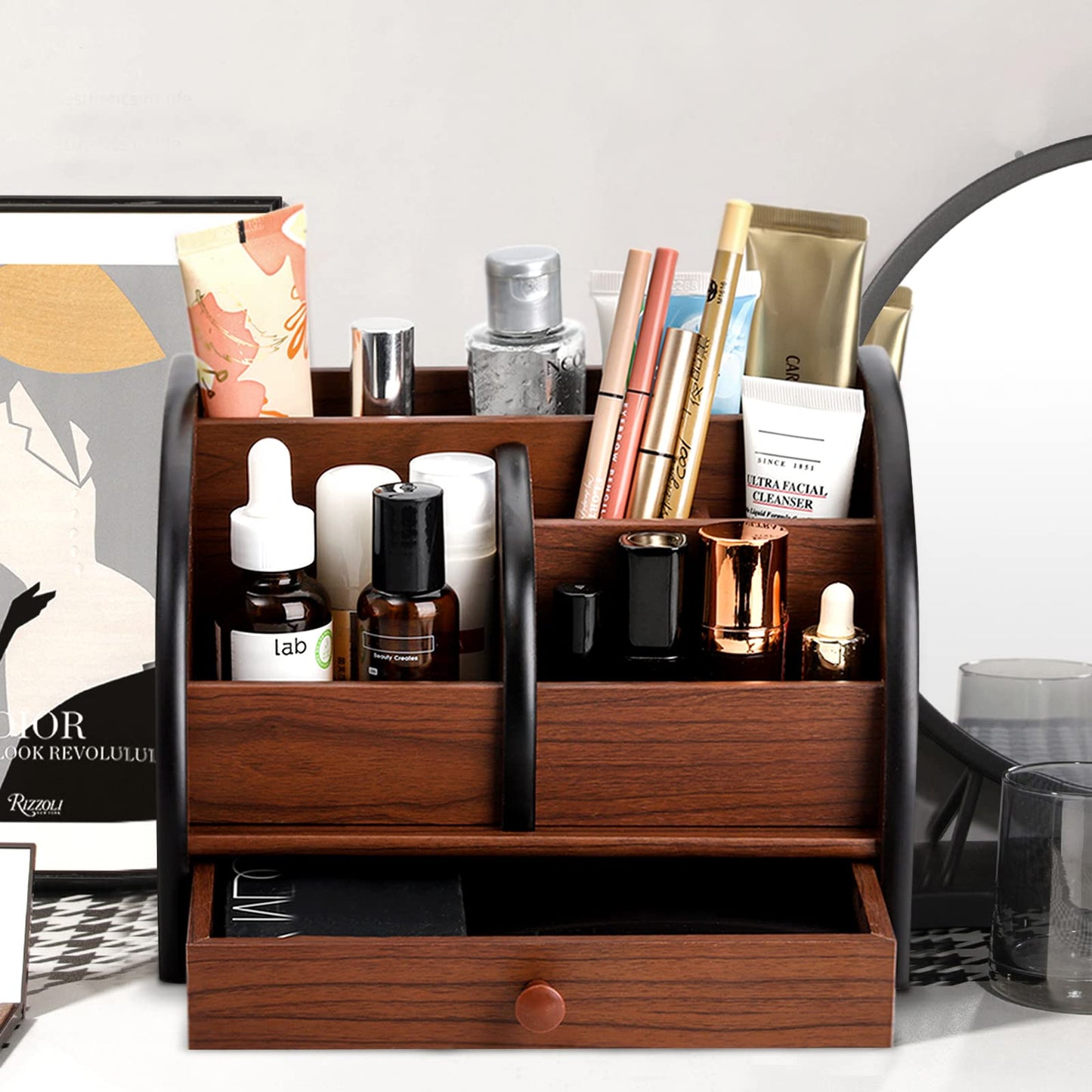 Foraineam Wooden Desk Organizer with Drawer, Remote Control Holder Caddy, Makeup Organizers, Wood Pencil Holder Desktop Supplies and Stationery Rack for Home Office School Tabletop Accessories Storage