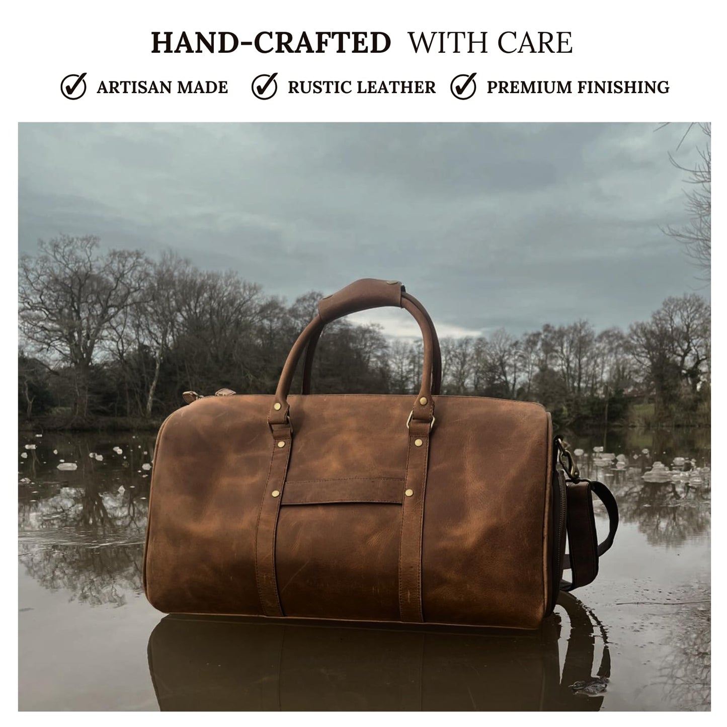 MUSKIE Leather Duffel Bags for Men & Women, 21 Inch Full-Grain Buffalo Leather Distressed Travel Bag with Shoe Compartment & Shoulder Strap