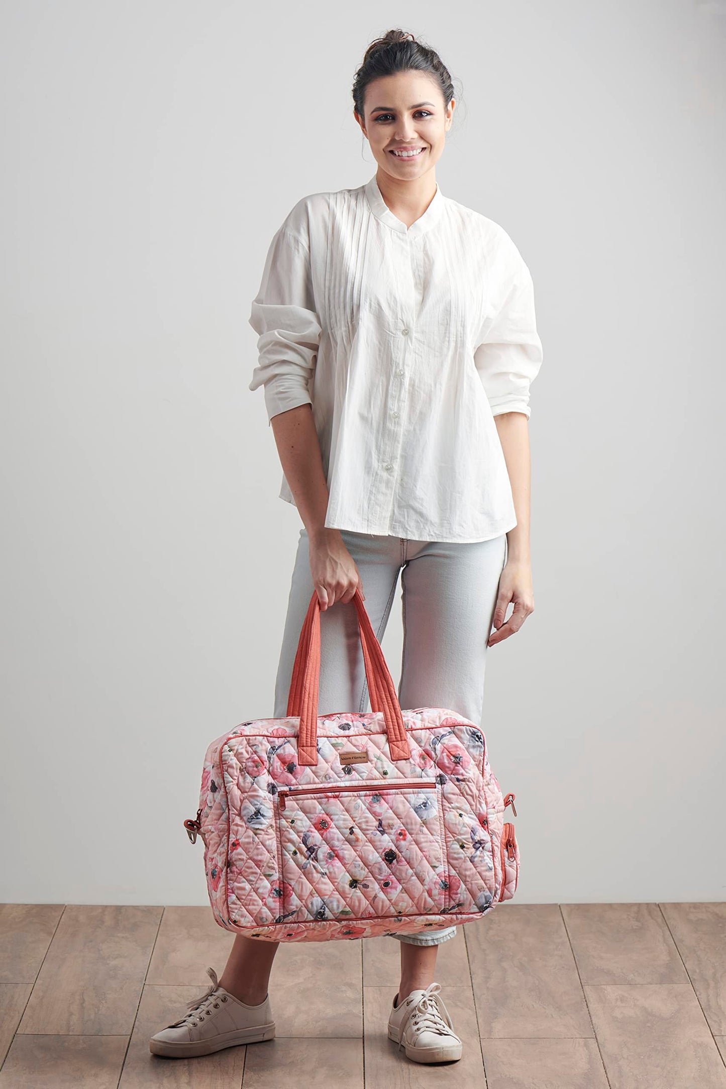 Maison d' Hermine Weekend Duffel Bags for Women Cotton Quilted Overnight Luggage Weekend Bag for Men Gym Sports Gifts Travel Business Travellers Trip Spring Summer (Romantic Poppy - Saumon)