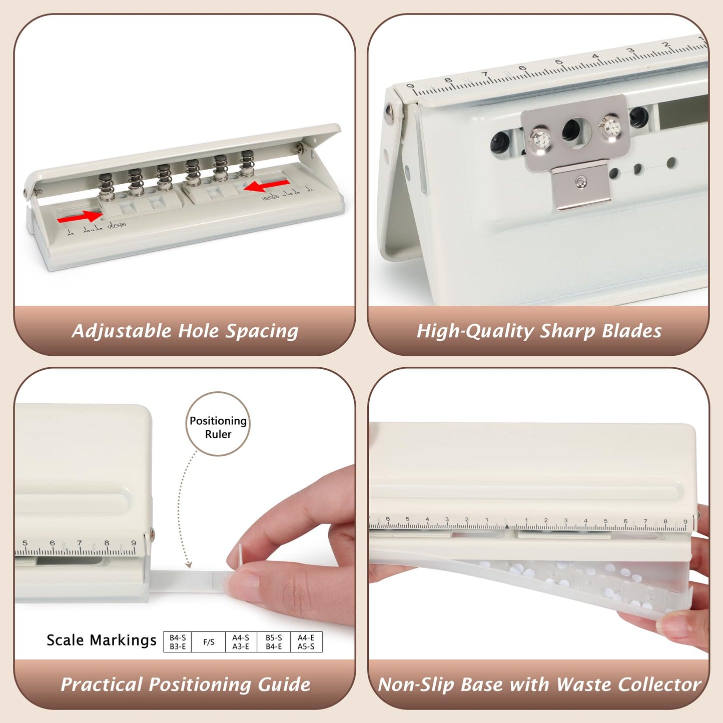 Metal Adjustable 6 Hole Punch for A5 A6 A7 Binders/Planners, Paper Hole Puncher 6 Ring with Guide Rule, 6 Sheet Capacity, Heavy Duty 6 Hole Punch for Binder/Agenda/Notebook/Bookbinding DIY (Off White)