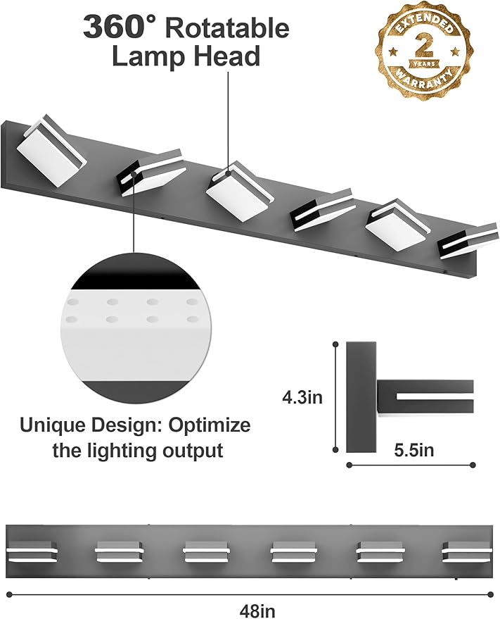 VOLISUN Modern Bathroom Vanity Light Fixtures (6-Light, 48-Inch), Matte Black LED Bathroom Lighting Fixtures Over Mirror, 360°Rotatable Head, LED Vanity Lights for Bathrooms (Cool White 6000K)