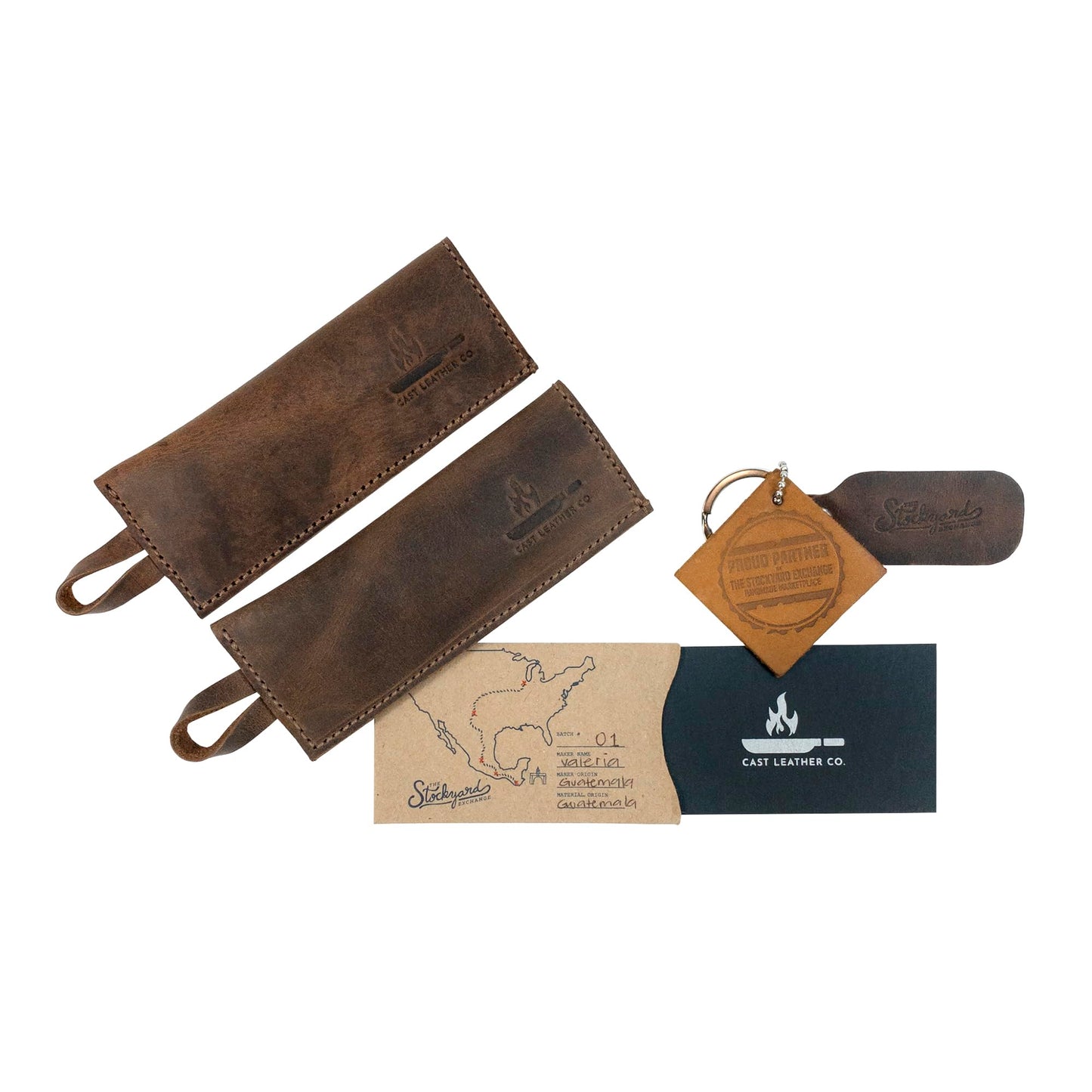 Cast Leather Co., Set of 2 Rectangular Pan Handle Covers, Sleeve for Metal Skillet Grip, Kitchen Accessories, Full Grain Leather, Handmade, Bourbon Brown